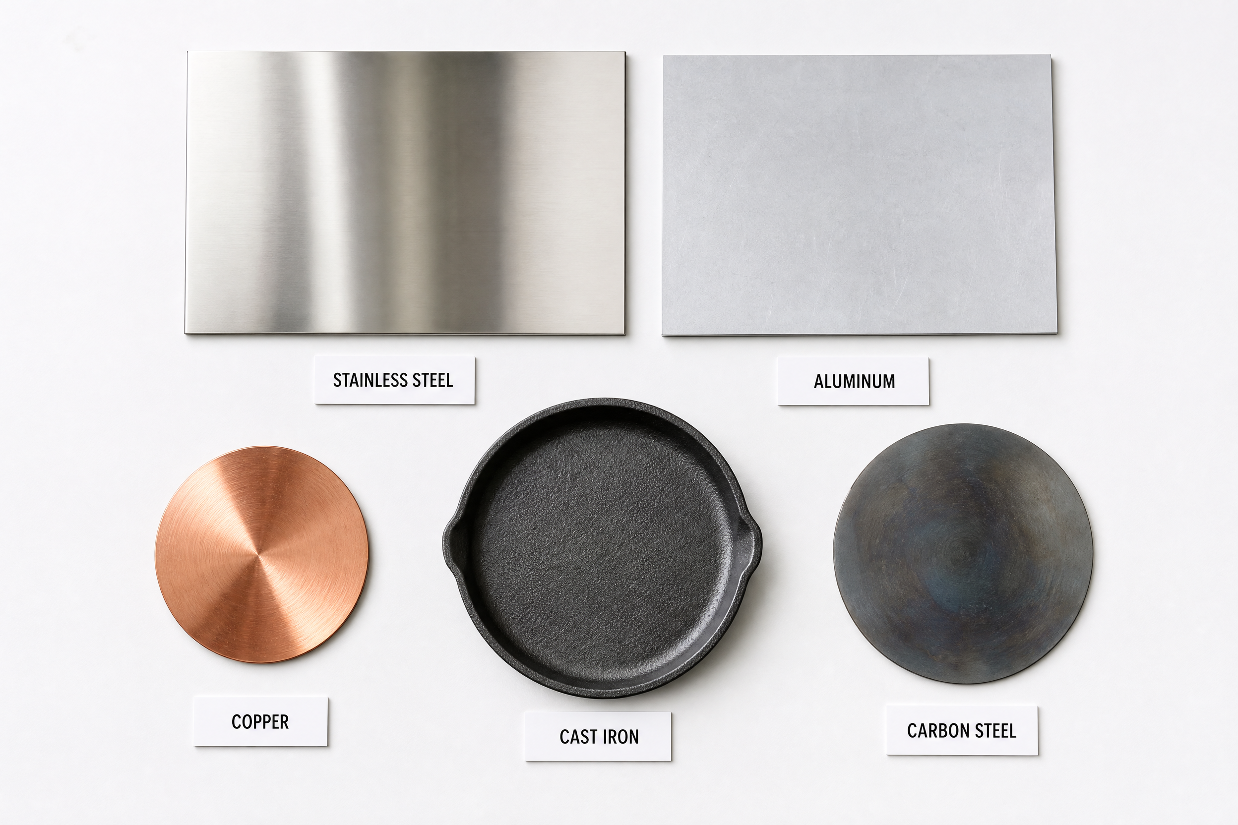 Comparison of five cookware materials: stainless steel, aluminum, copper, cast iron, and carbon steel