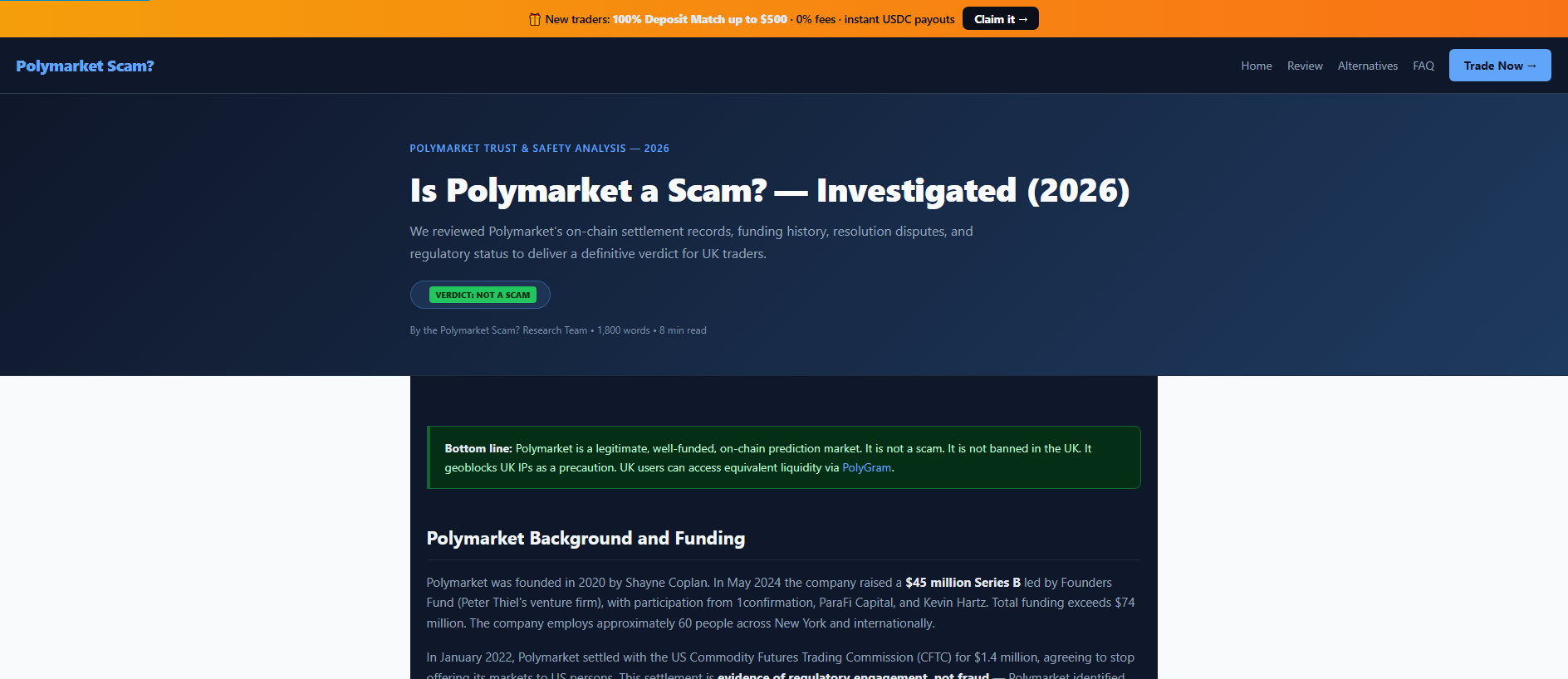 Forensic screenshot of polymarket-scam.co.uk showing the phishing page layout