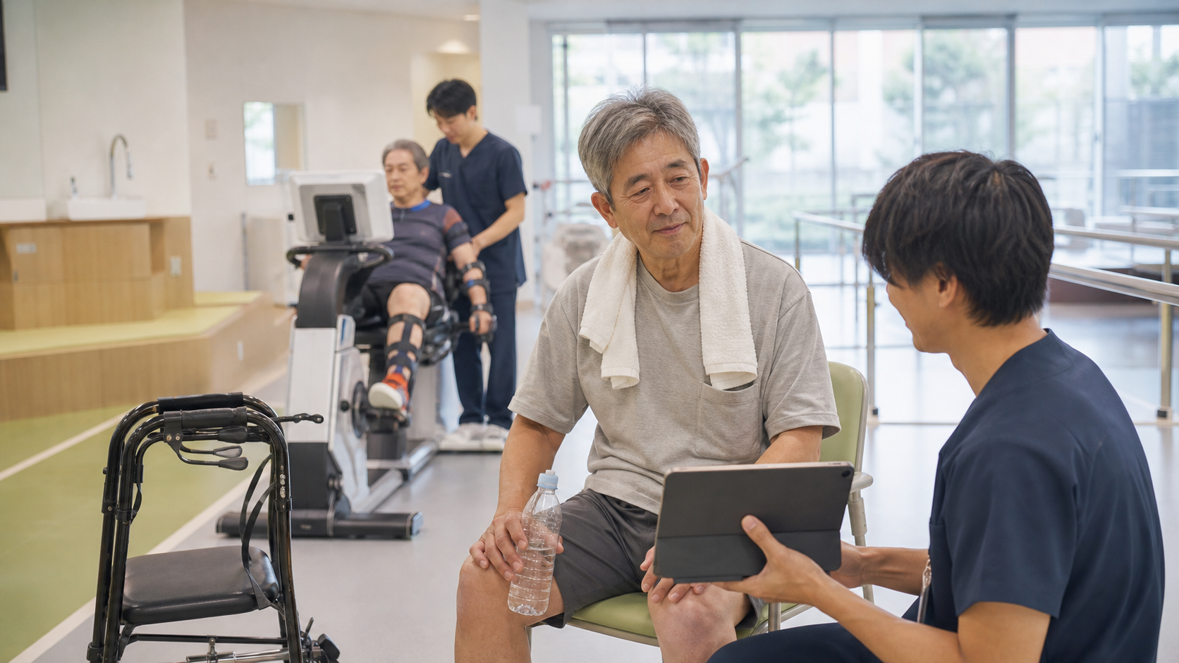 FESサイクリング後に脳卒中後の方が休息し、専門職が体調や反応を確認する様子