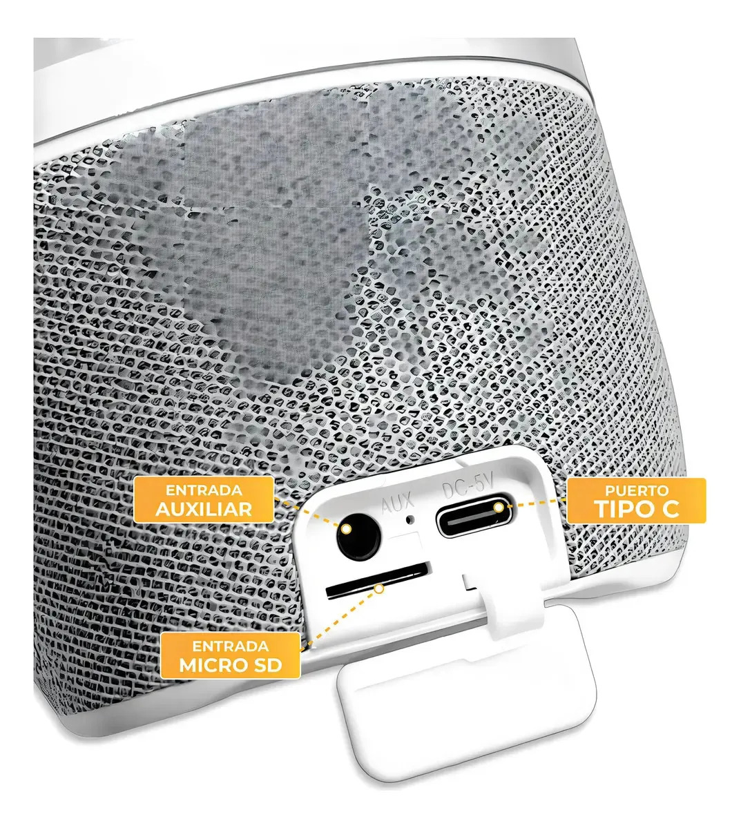 Entradas auxiliar, Micro SD y puerto USB Tipo C de la lámpara parlante