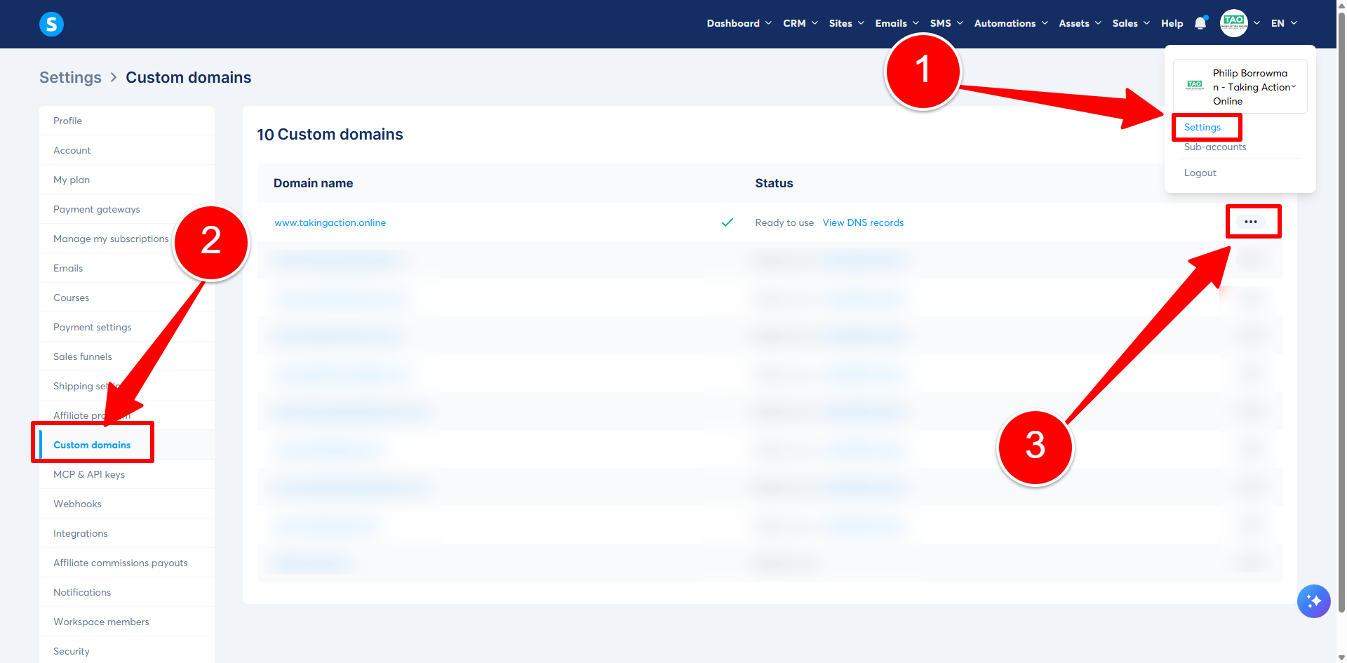 Settings, then Custom domains, then the three dots