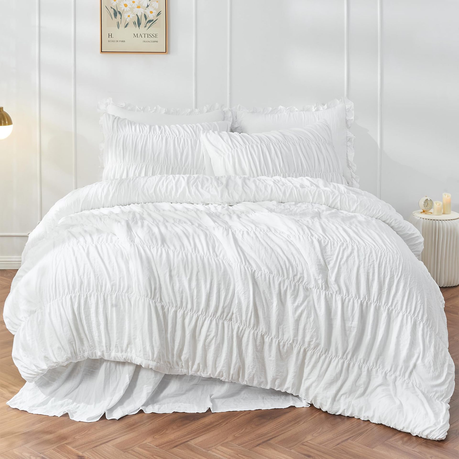 Wrinkle Textured Bedding Set - 3 Piece Quilt Cover and Pillowcase Set - White Bohemian Style(Double)