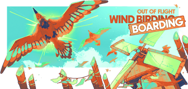 Orange birds fly across an aqua sky with bamboo and a windmill below them. There is text that originally read Out of Flight Wind Birding but a sign hangs over it to make it read Out of Flight Wind Boarding