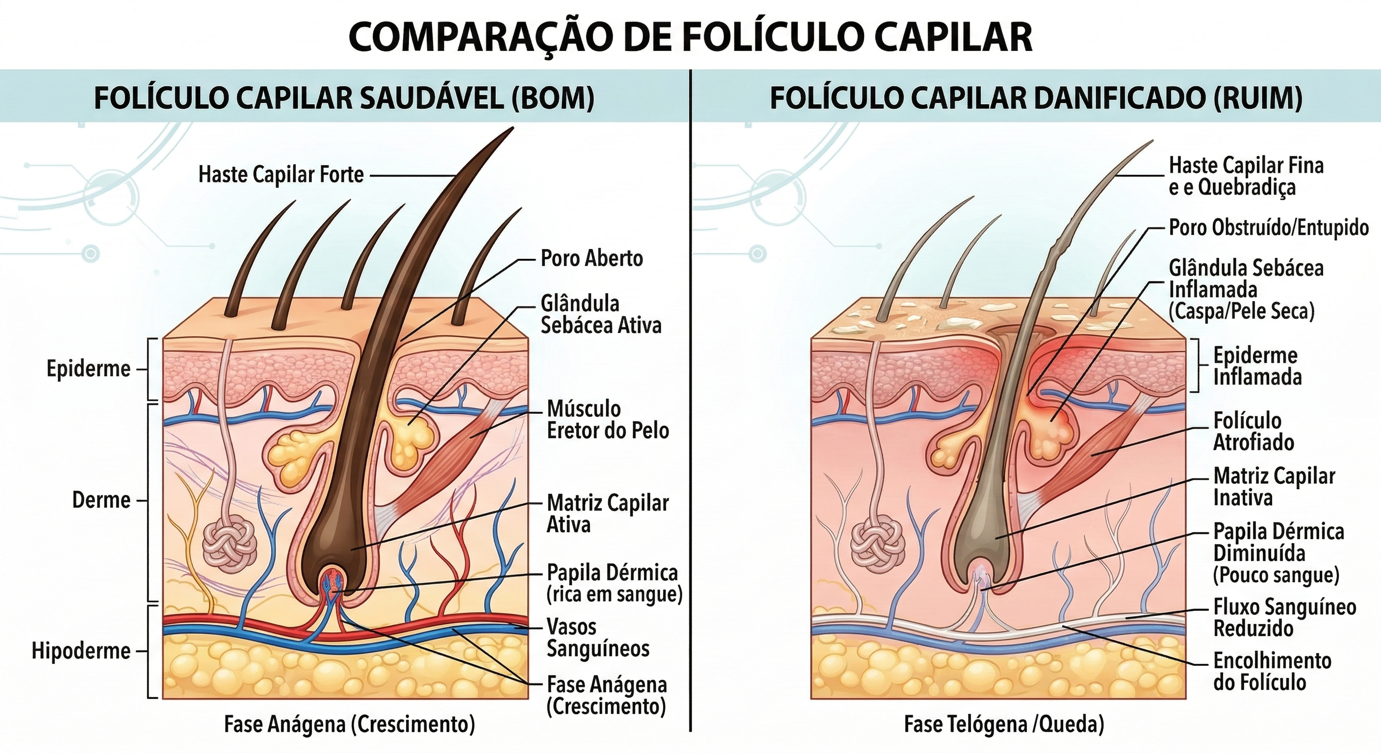 Comparação folículo capilar saudável vs danificado pelo DHT