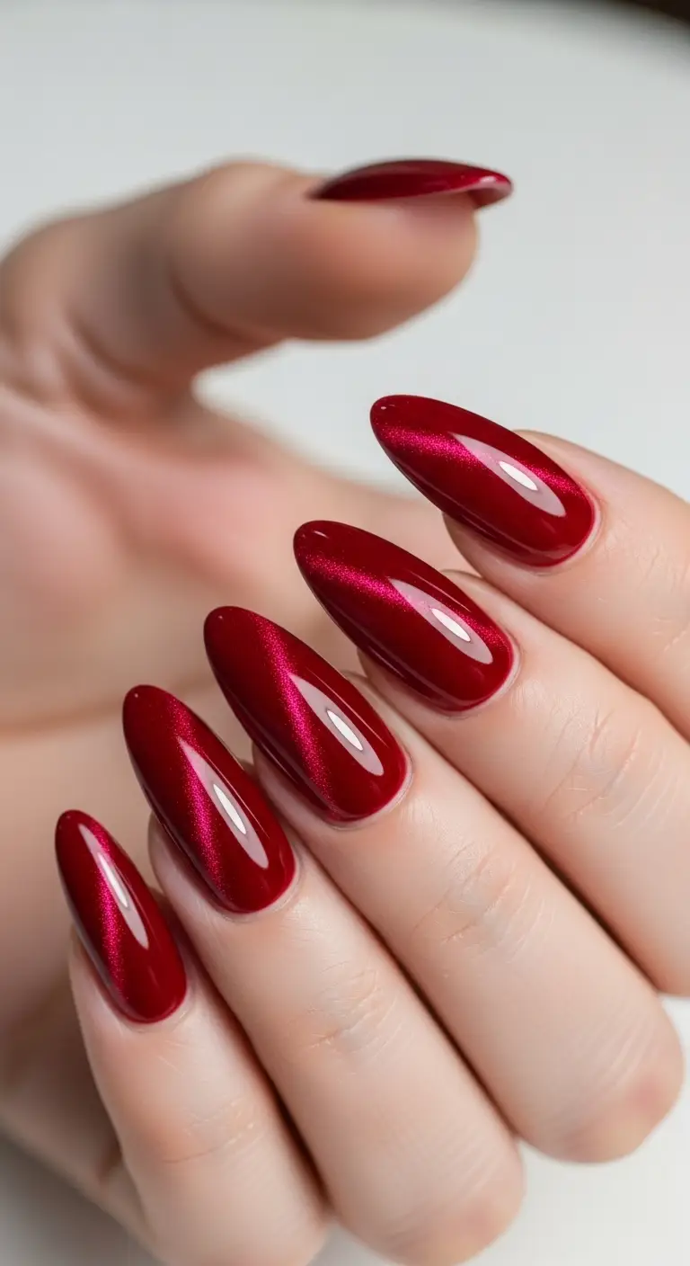 Cherry Red Cat Eye Magnetic Almond Nails