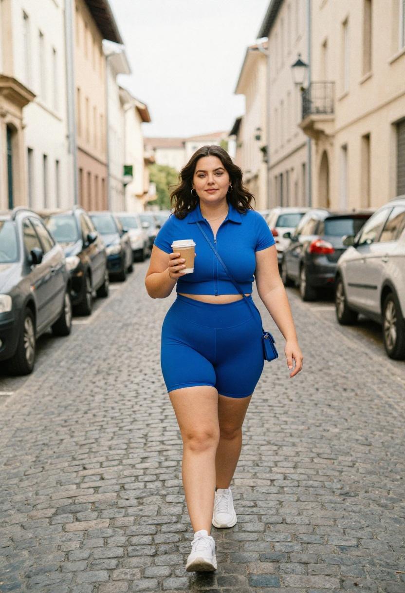 Plus size woman in cobalt blue bike shorts and matching cropped jacket on European cobblestones
