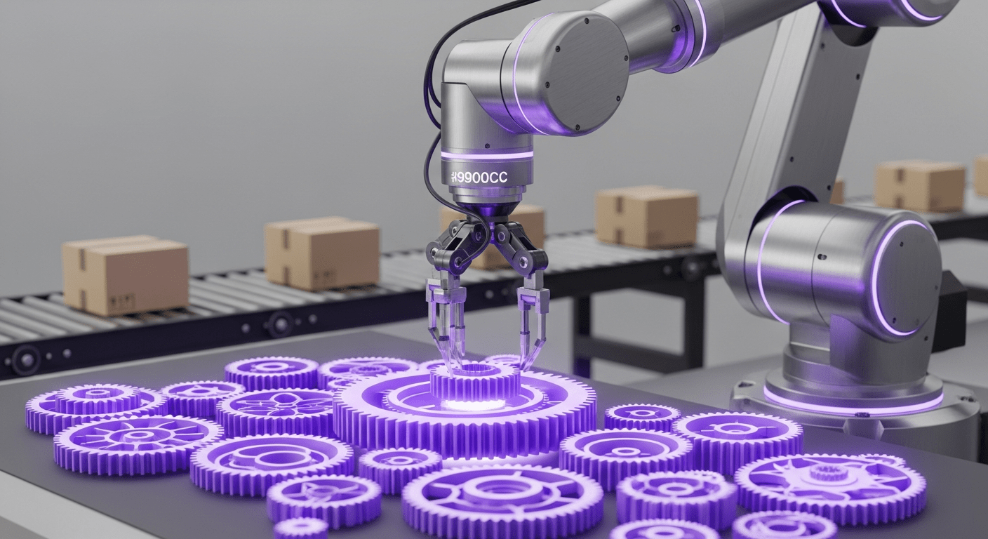 A modern robotic arm organizing complex gears, representing intelligent automation.