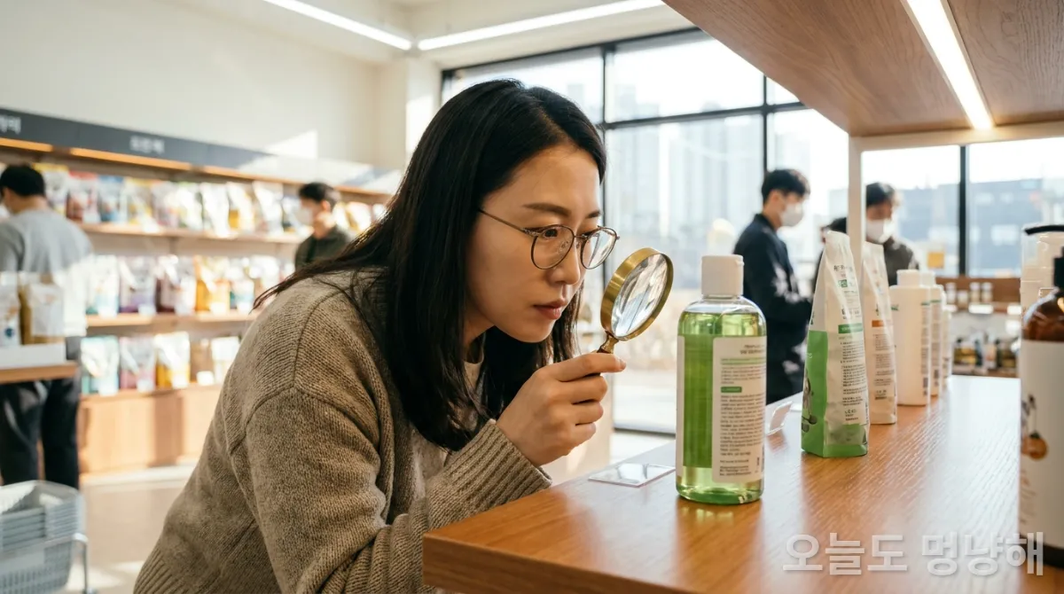 30대 한국인이 반려동물 세정제 성분표를 확대경으로 자세히 보는 모습, 깔끔한 진열대 배경
