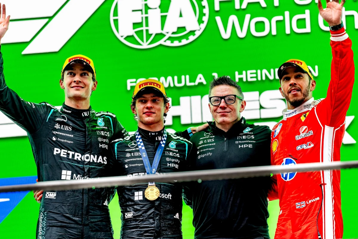 Kimi Antonelli celebrating a Formula 1 victory