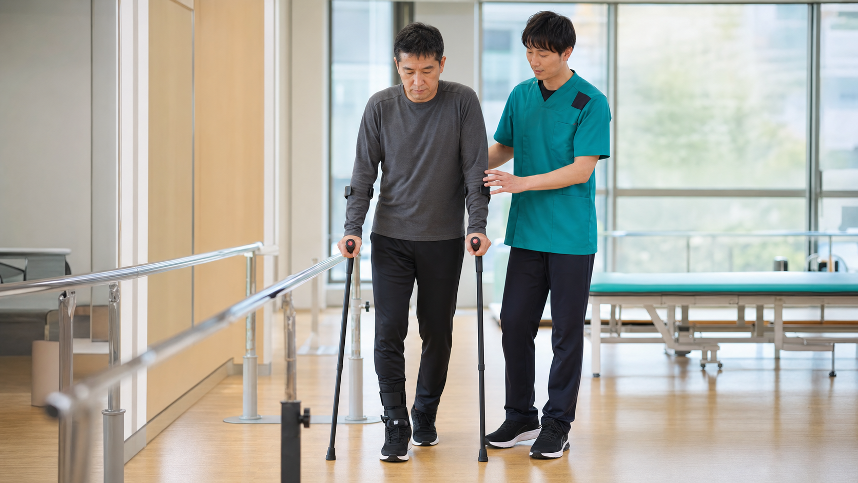不全脊髄損傷後に前腕支持杖を使って歩行練習を行う人と見守るリハビリ専門職