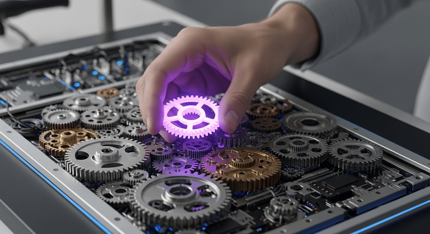 Hand selecting a single gear, symbolizing choosing the right AI tool.