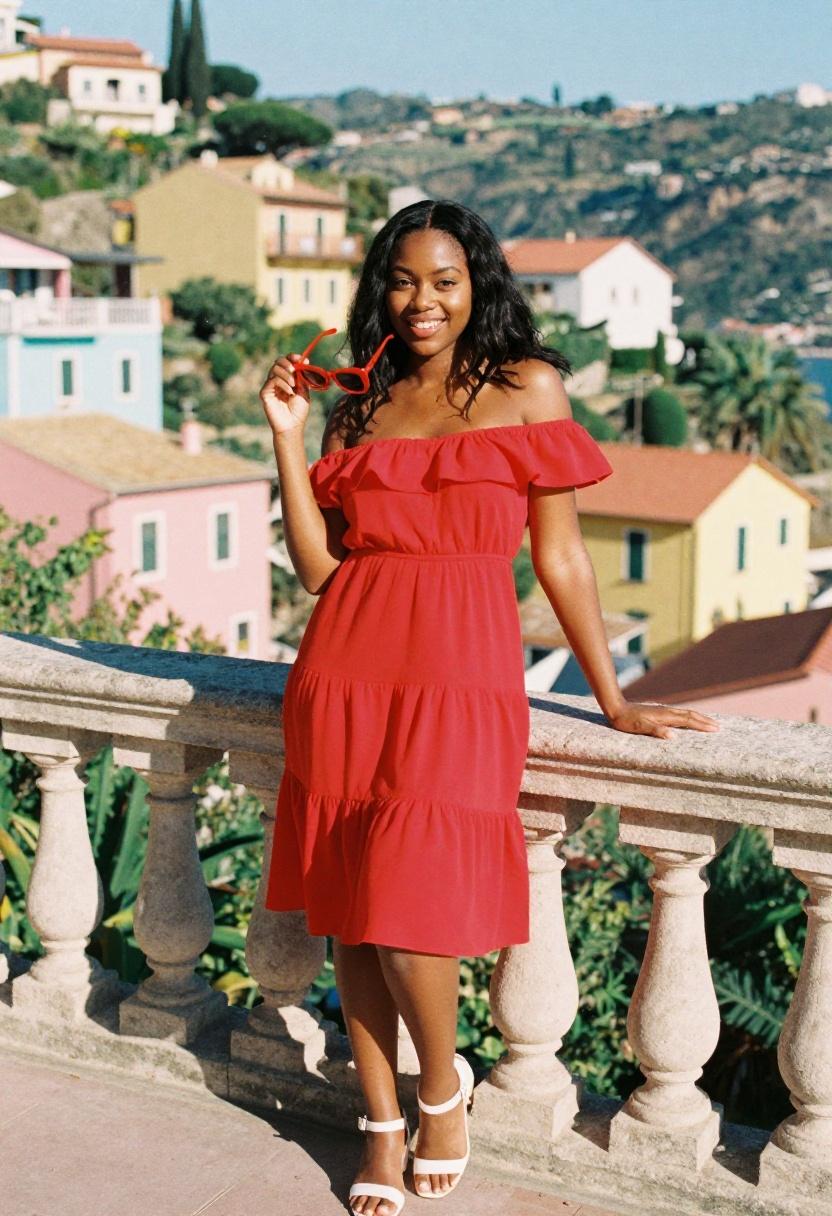Vivid scarlet ruffle midi dress worn on a sunlit terrace cherry blossom viewpoint