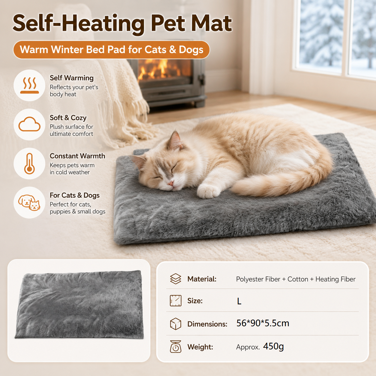 Grey L Size 56x90cm Self Heating Pet Mat - Soft Plush Non-Slip Thermal Bed for Cats and Small Dogs Indoor Crate Car Travel Use