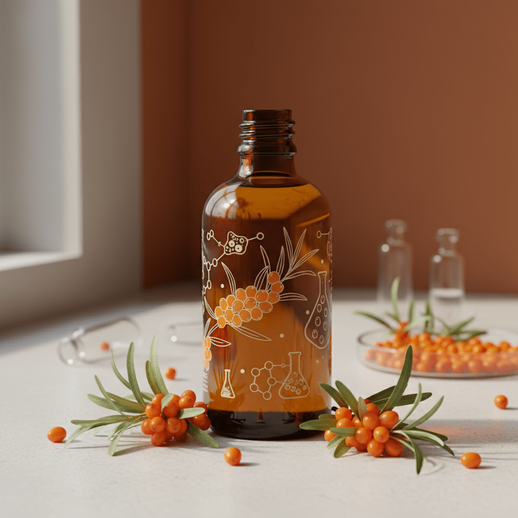 Dark glass sea buckthorn oil bottle with berries and lab-tested quality cues