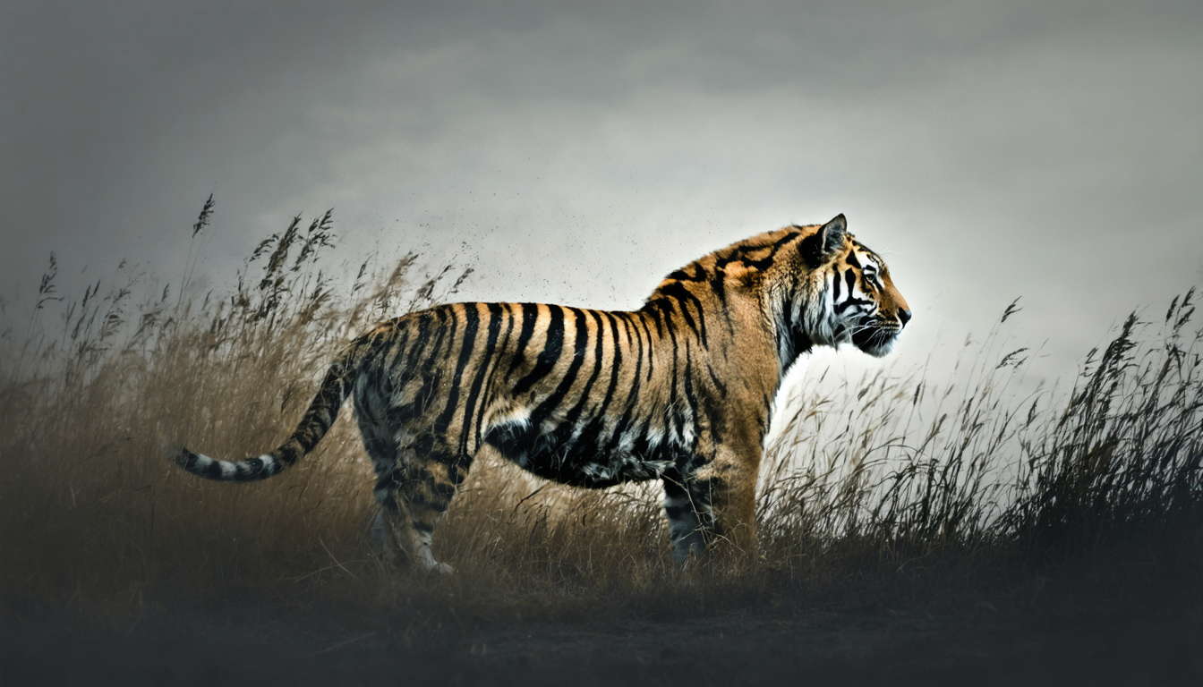 A faint, half-formed tiger emerging from tall grass on a vast empty plain under a grey sky, more invented than real.