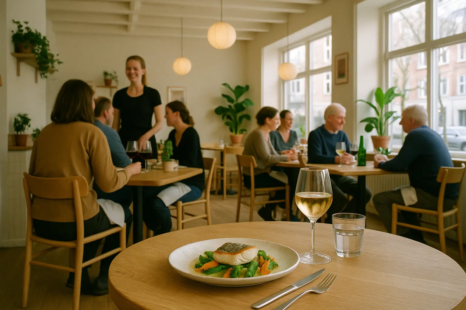 Indendørs billede af en hyggelig restaurant på Frederiksberg med glade gæster og servering af mad