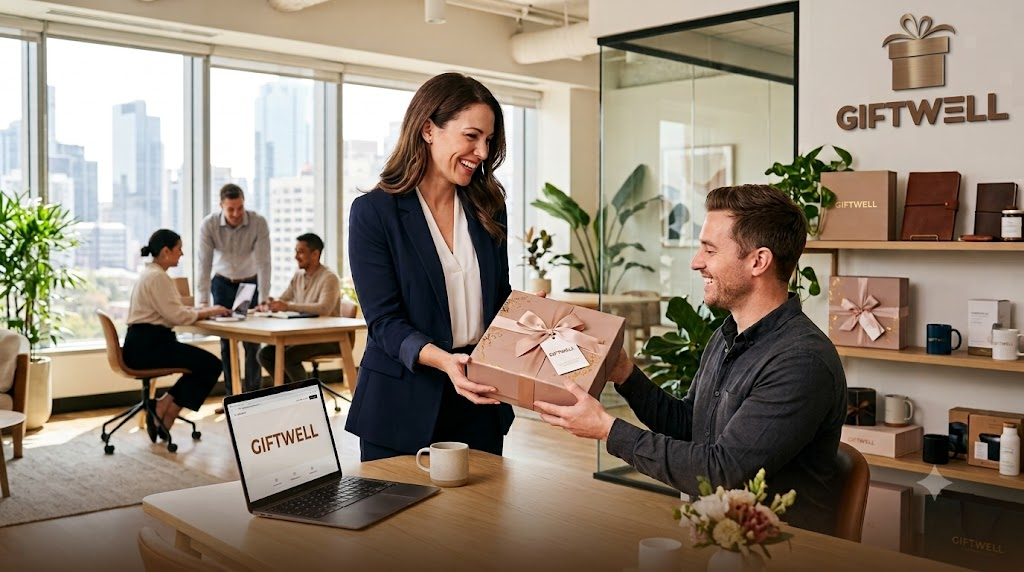 Premium branded corporate gift boxes arranged on a professional desk
