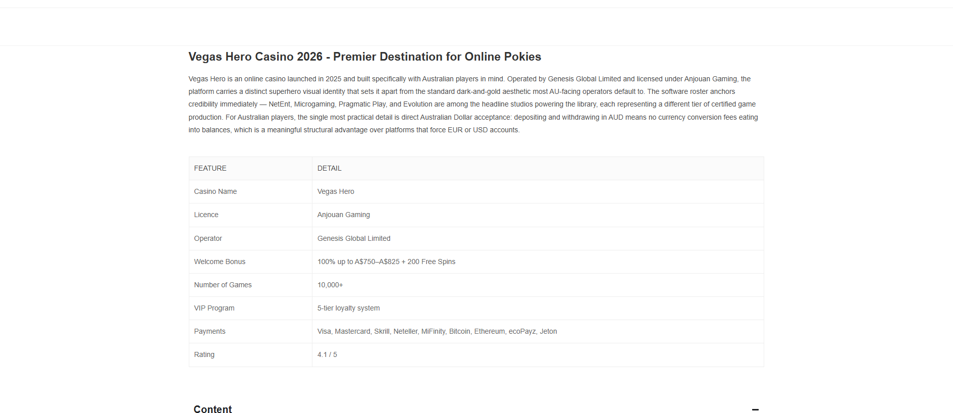 Forensic screenshot of casinos-vegashero.com showing the phishing page layout