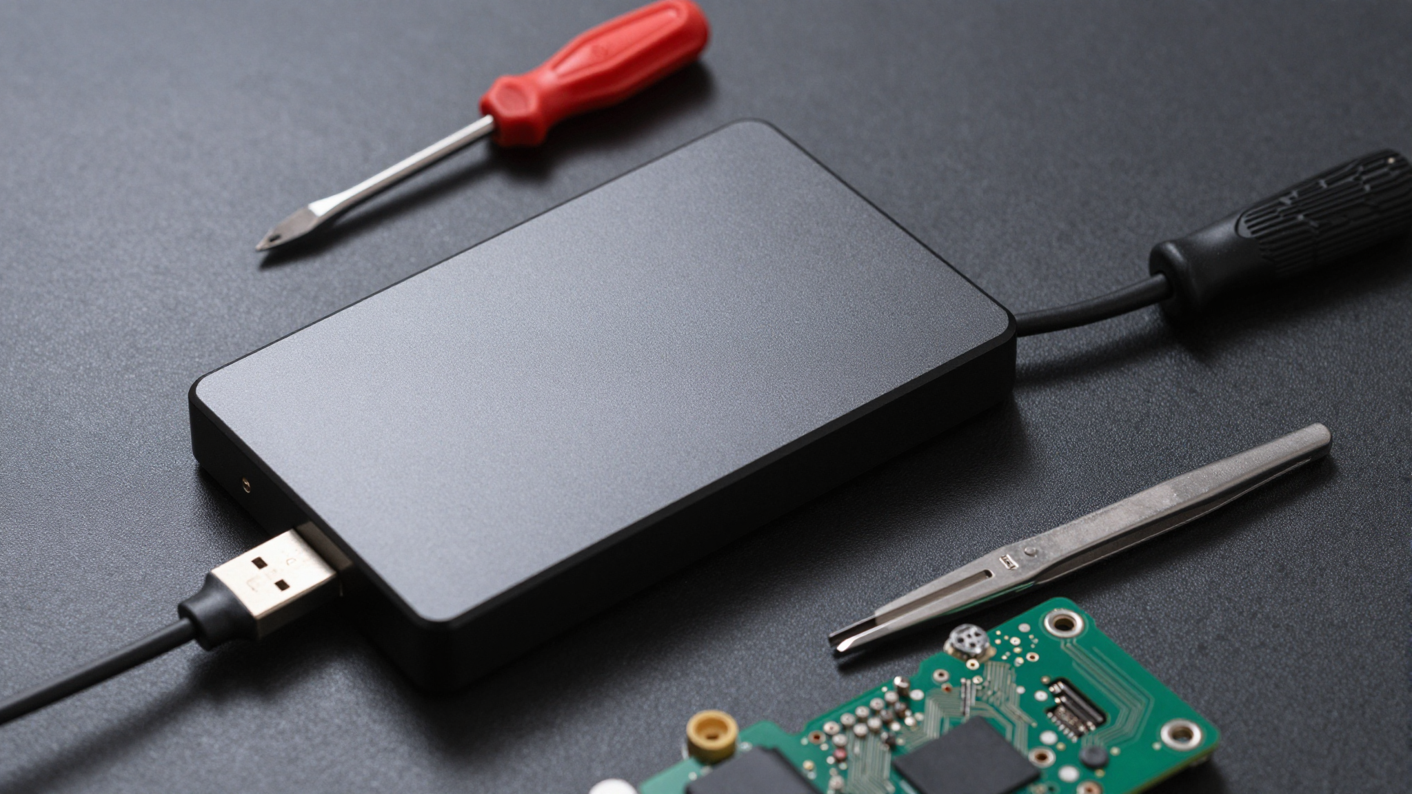 분해된 외장하드 케이스와 내부 회로 기판, USB 케이블, 드라이버와 핀셋이 놓인 모습.