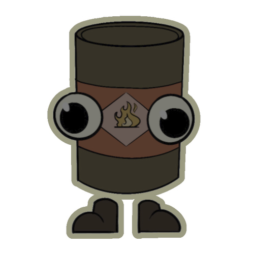 Fire Bomb concept art image. Shows a cartoon style red flammable barrel upright, floating just above a pair of dark brown boots. Sports a pair of big cartoon eyes in its middle ontop of the red band around the middle. Has a fire icon in a diamond in the middle of the red band, between the eyes.