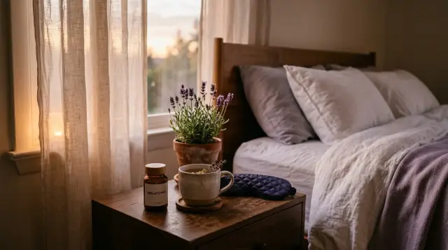 Nightstand with sleep supplements, chamomile tea, and lavender in serene twilight bedroom