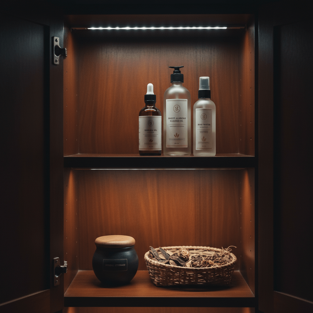 Elegant skincare shelf with shikakai oil and carrier oils