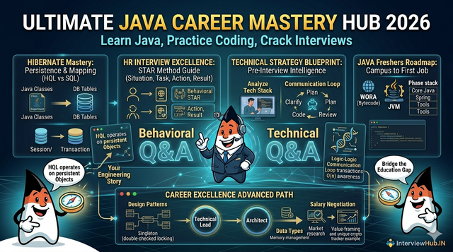 Ultimate Java Guide for Freshers 2026 at InterviewHub.IN: A modern infographic showing a technical roadmap and key interview concepts (WORA, JVM, OOP pillars, memory management) for your software engineer first job career preparation.