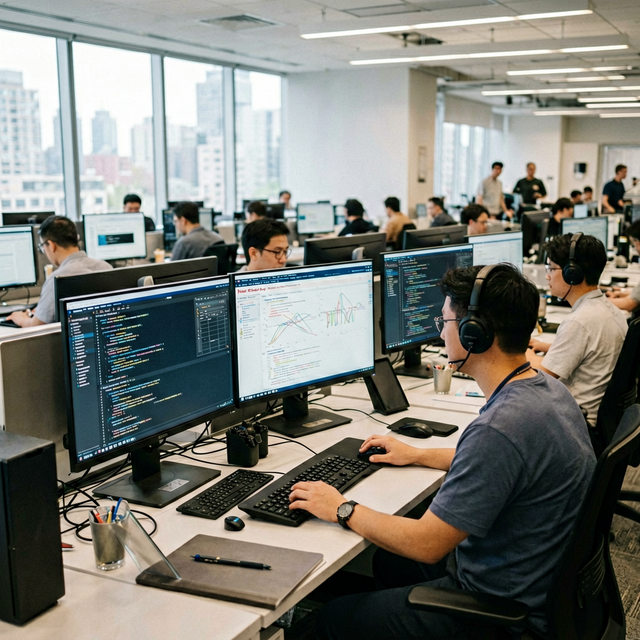 Meta headquarters in Menlo Park California, engineers working in an open-plan tech office with large monitors displaying AI model interfaces