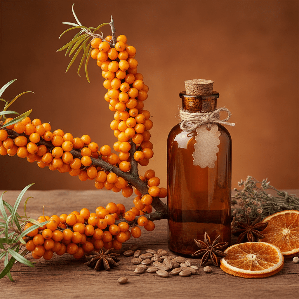 Golden sea buckthorn berries beside a rustic wellness bottle