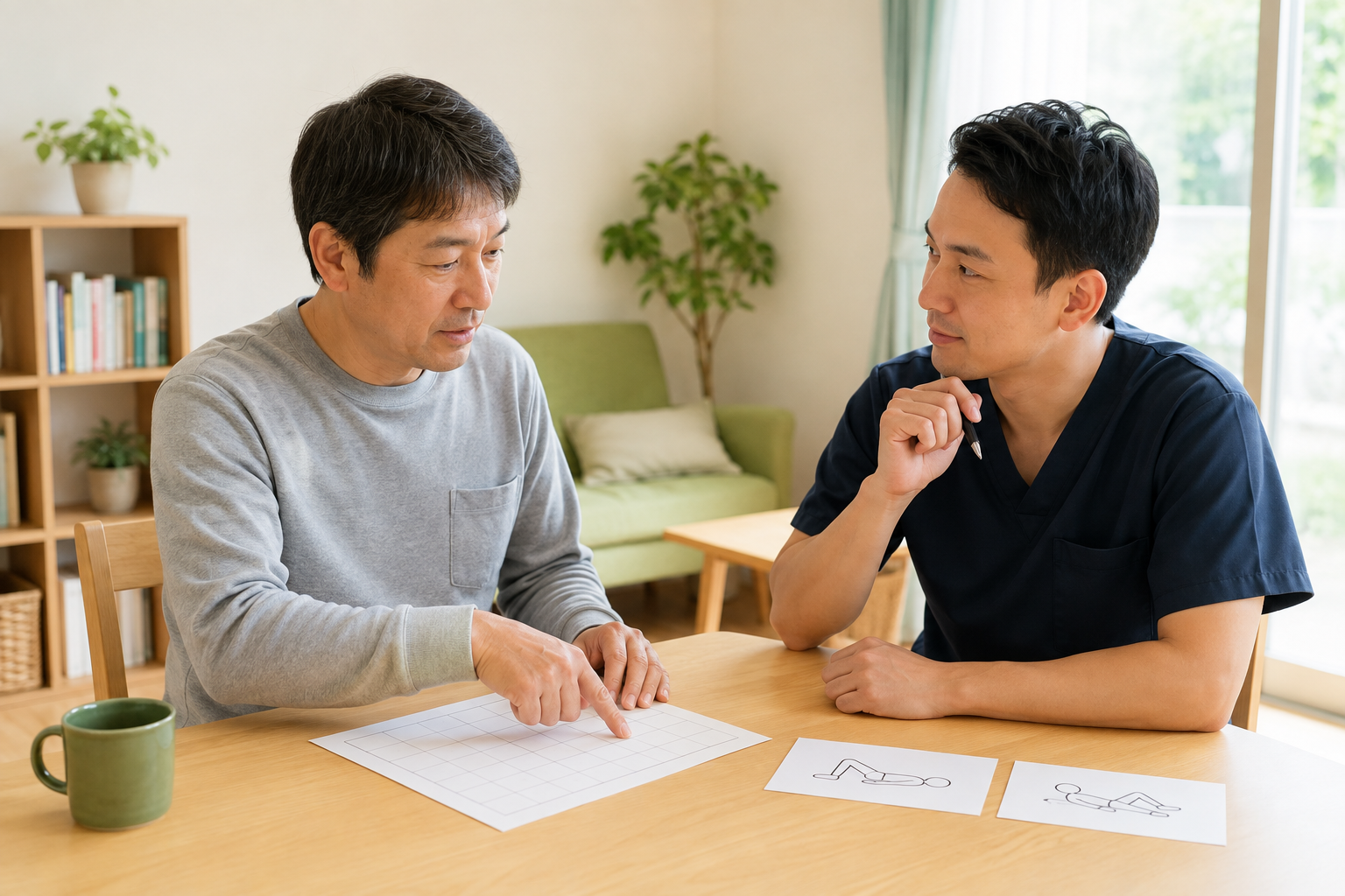 腰痛の運動計画を療法士と定期的に振り返る場面