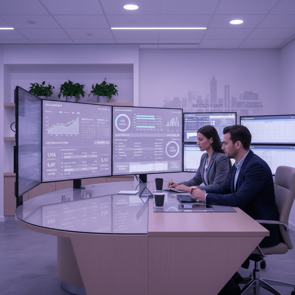 Hotel managers reviewing KPI dashboards and operational reports in a modern hospitality office