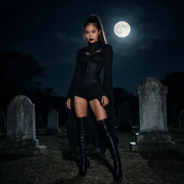 A girl with black lipstick and thigh-high heel boots, standing in a graveyard under a full moon