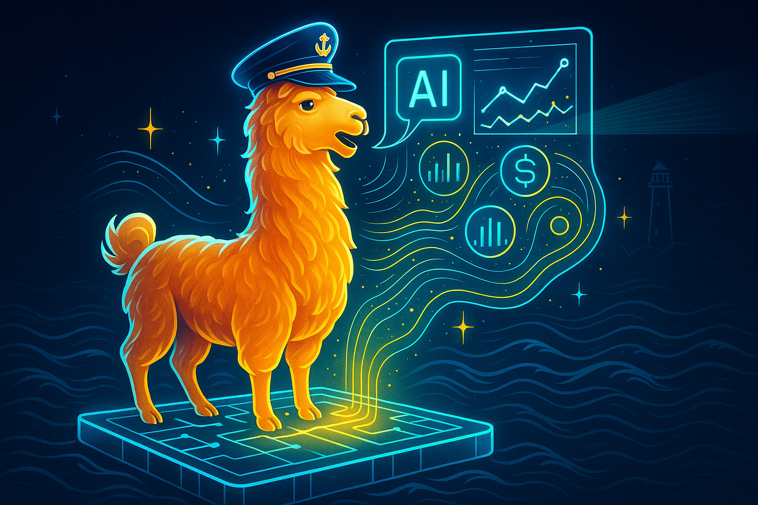 Illustration of LlamaAI tool analyzing onchain cryptocurrency data through natural language prompts