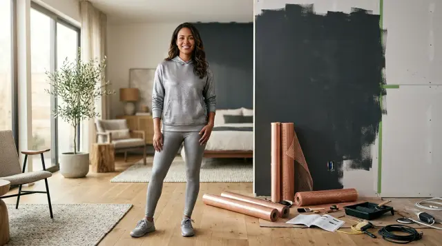 Person wearing silver EMF-shielding apparel in modern home with unfinished wall shielding project behind