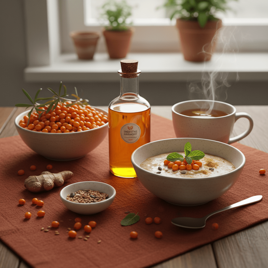 Sea buckthorn berries and oil beside a simple meal table, representing digestive comfort