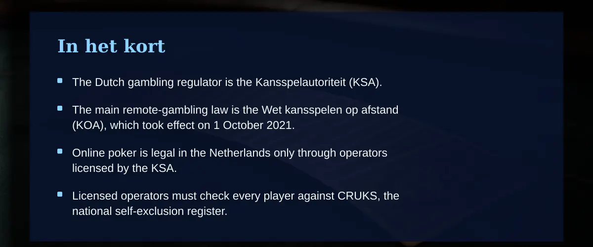 Poker online in Nederland: de juridische en technische kaders — In het kort
