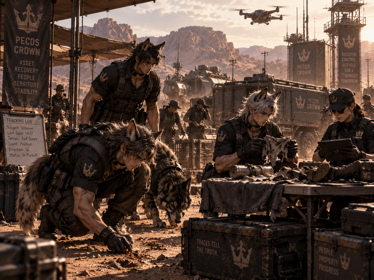 Canine demi-human workers performing tracking and recovery operations in the Pecos Crown