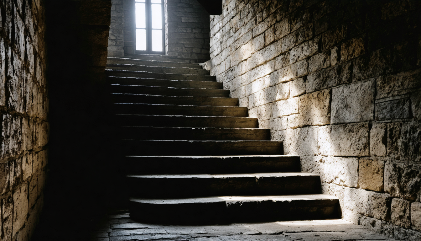A dim stone staircase descending into shadow, each landing lit by a single cold window.