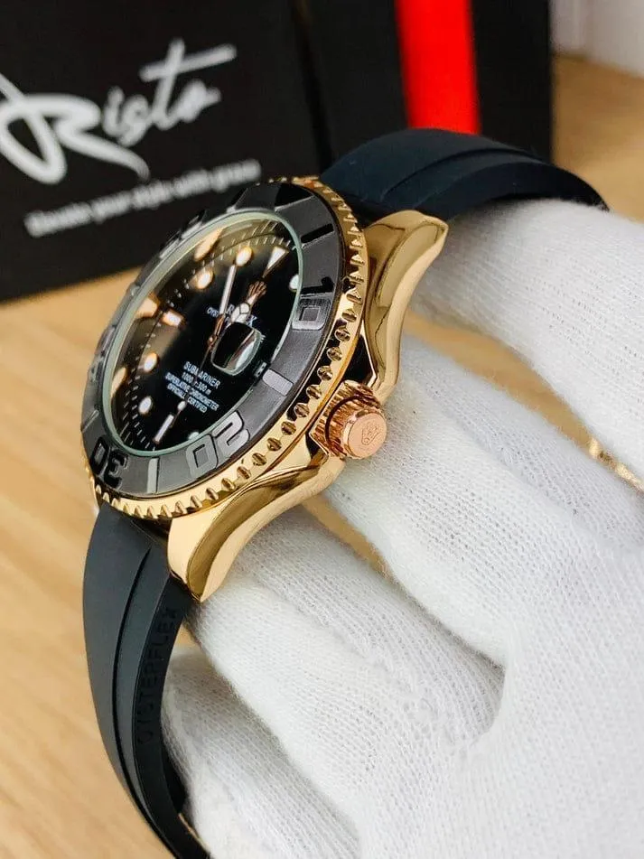 Men's Gold Black Chronograph Watch with Rubber Strap - Image 2
