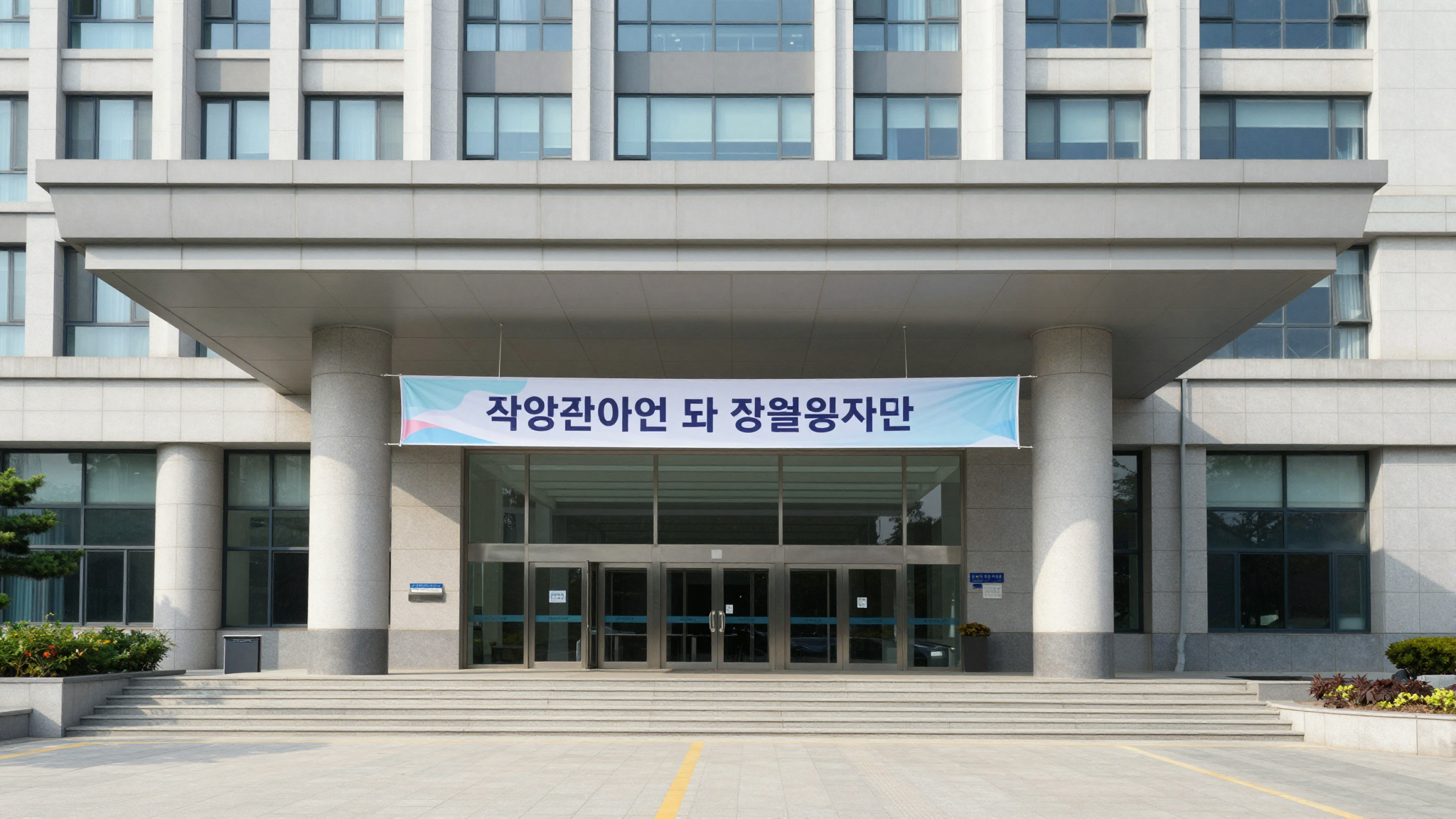 가족 지원 정책이 안내된 현대적인 정부 청사 입구