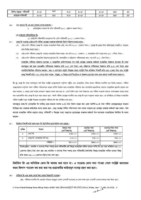 HSC form fill up notice 2021