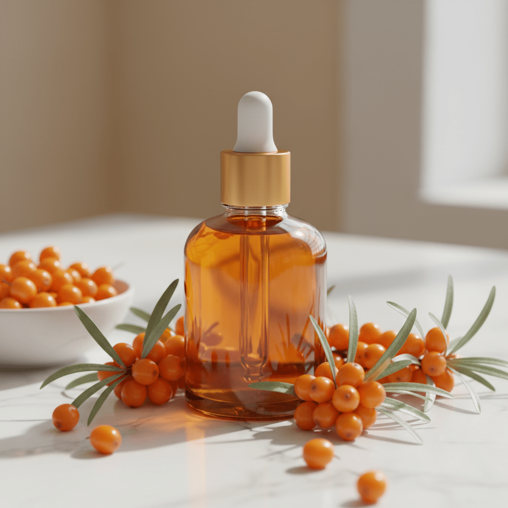 Golden sea buckthorn oil bottle with berries on a spa surface