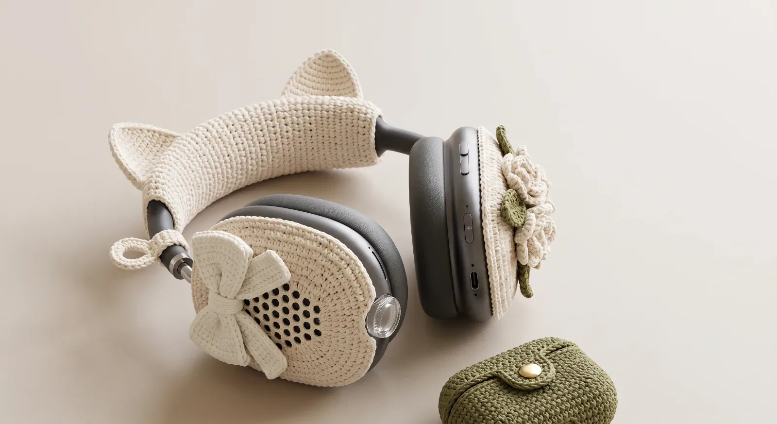 Crochet headphone cover collection with ear-pad covers, cat ears, bow, flowers and earbuds case in one scene