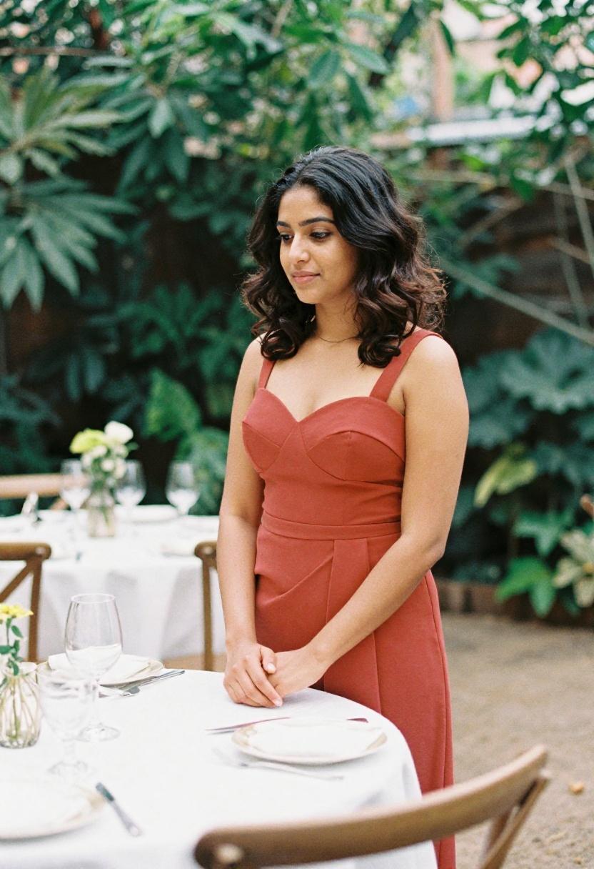 Terracotta structured midi dress at a garden reception table for wedding day sophistication