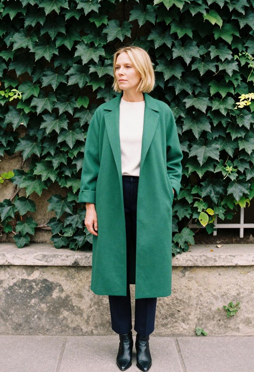 Forest green longline shacket over navy trousers for elegant spring layering