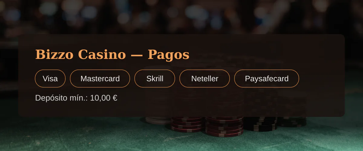 Bizzo Casino  Pagos: Visa, Mastercard, Skrill, Neteller, Paysafecard