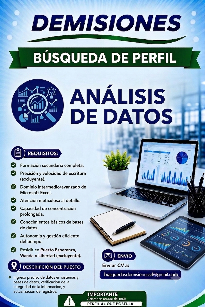 Se Busca Analista de Datos en Puerto Esperanza, Wanda o Libertad.