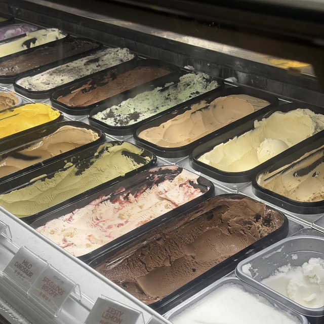 A selection of gelato flavours displayed at Overscoop