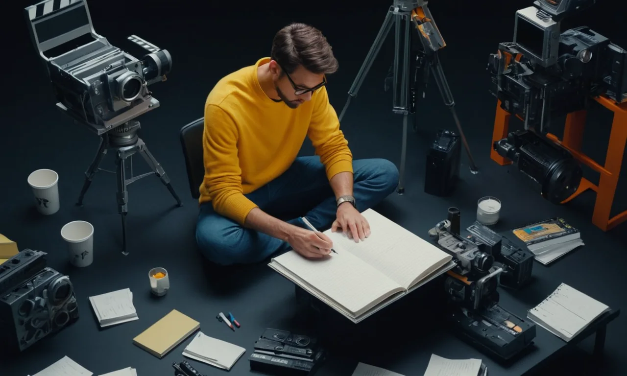 Un cineasta escribiendo en un cuaderno rodeado de guiones de cine y materiales de producción.