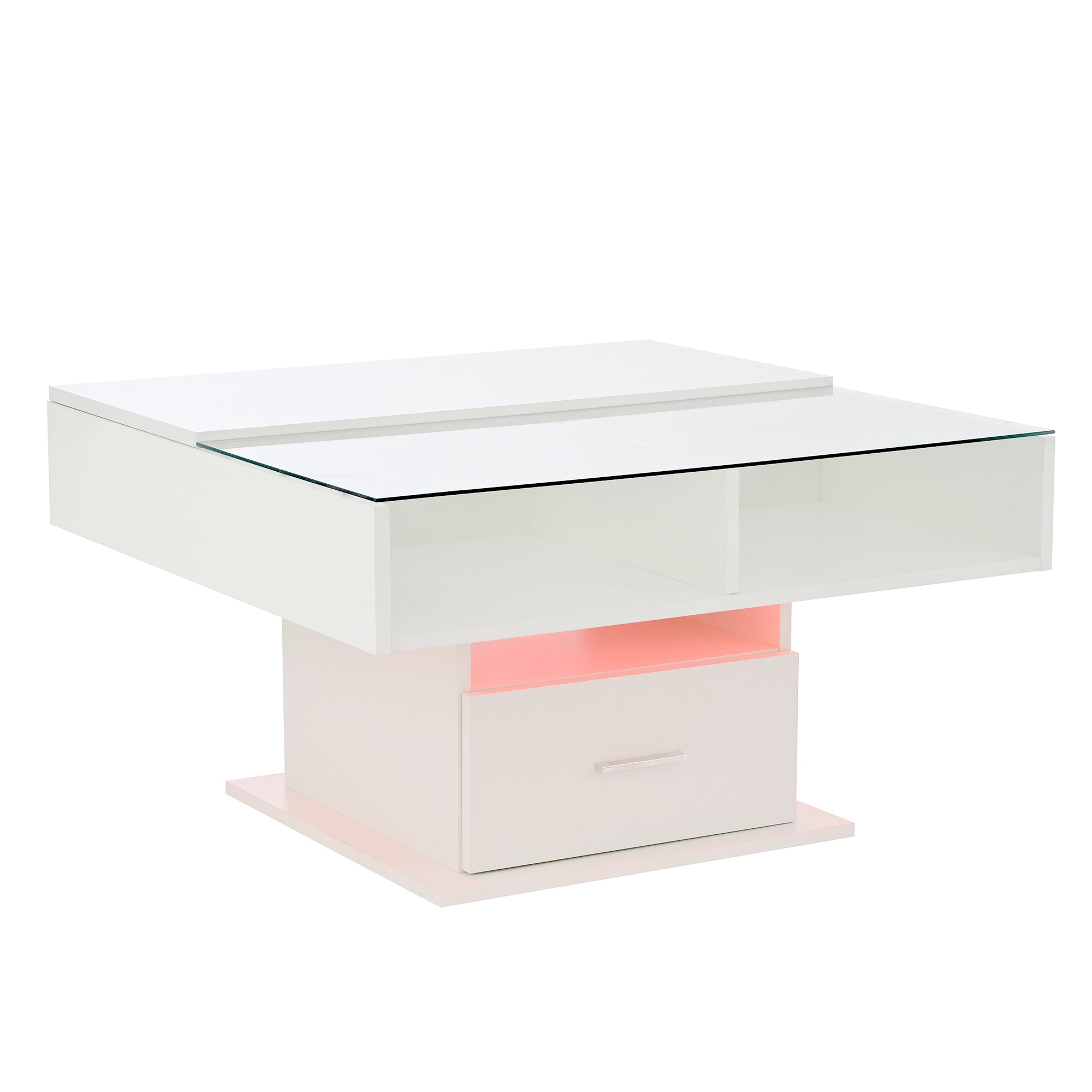 Table Basse Blanc, Rangement, Éclairage LED, Gestion des Câbles, Portes Vitrées, Étagères Réglables - 78x78x45cm - Salon 6